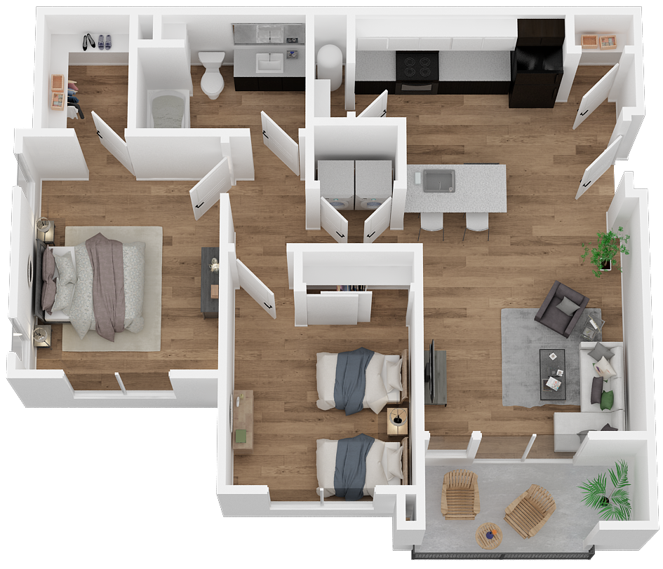 Floor plan for 2 beds, 1 bath, 895 sqft